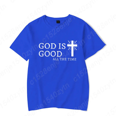 Men Casual Summer Cross & God Is Good All The Time Letter Graphic Printed Short Sleeve T-Shirt, Christian Quote Tees Tops