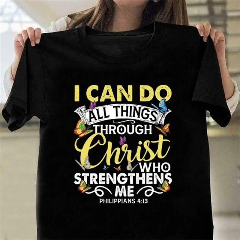 I Can Do All Thing Through Christ Print Women T Shirt Short Sleeve O Neck Loose Women Tshirt Ladies Tee Shirt Camisetas Mujer