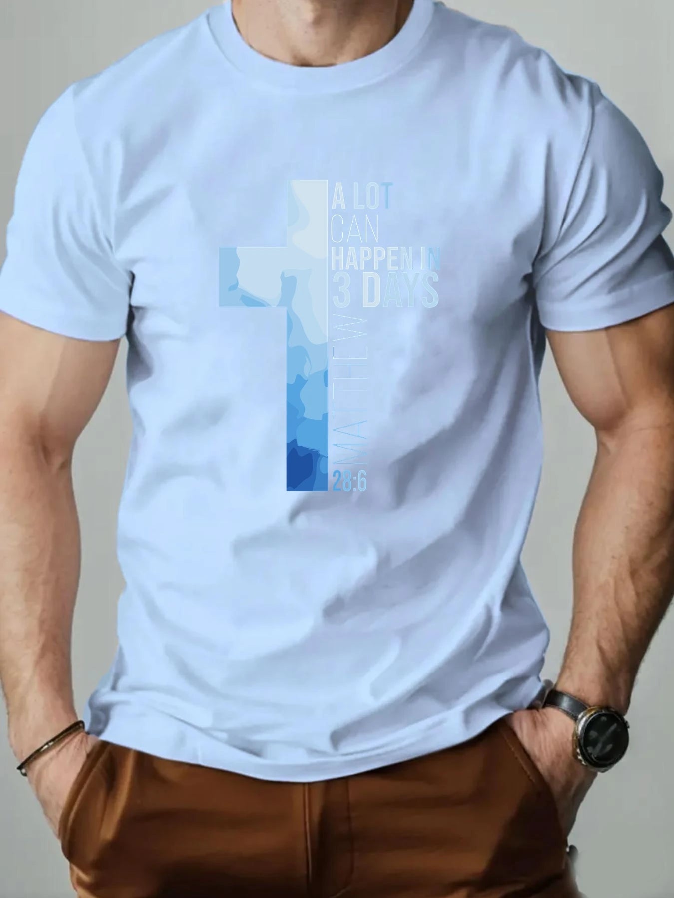 Men T-Shirt 100% Cotton Cross Bible Verse (Matthew 28:6) Print Religious Faith Design Round Collar Tee Summer Breathable