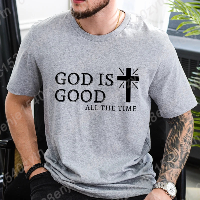 Men Casual Summer Cross & God Is Good All The Time Letter Graphic Printed Short Sleeve T-Shirt, Christian Quote Tees Tops