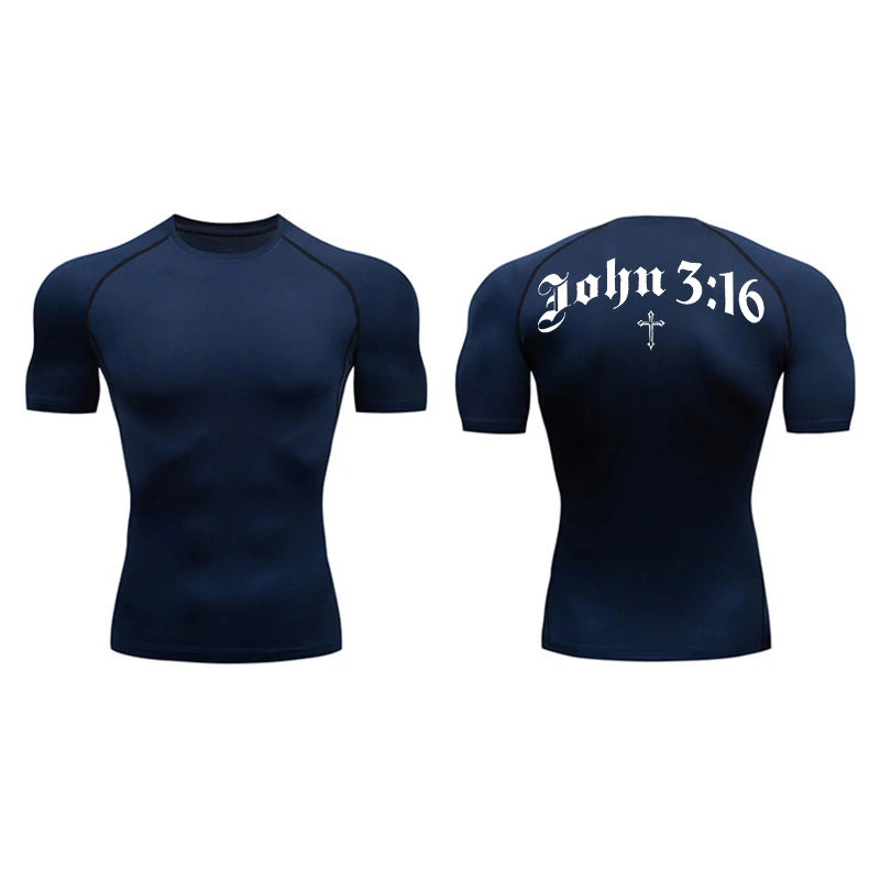 Bible Cross Print Compression Shirt for Men Christian Gym Workout Running T-Shirt Tees Athletic Quick Dry Undershirts Baselayers