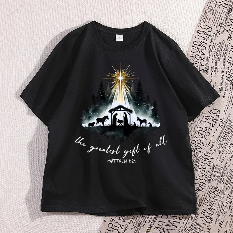 Nativity Christian T-shirt Men Women Christmas Bible Verse Tshirt Casual Cotton Short Sleeve Round Neck Graphic Tees Clothes