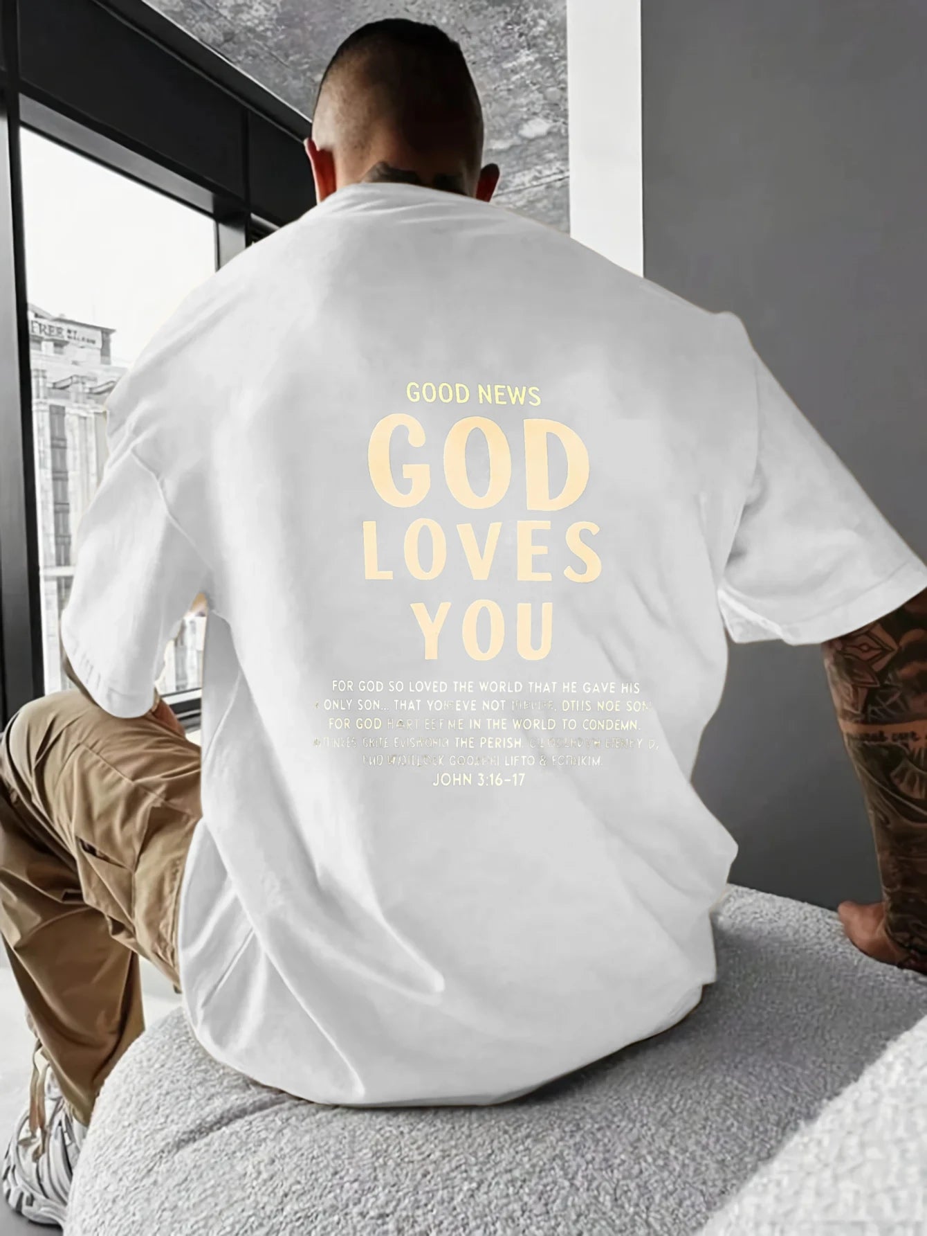 Men's T-Shirt Black God Loves You Religious Christian Bible Verse Printed Pattern & Text High Quality Cotton 180g
