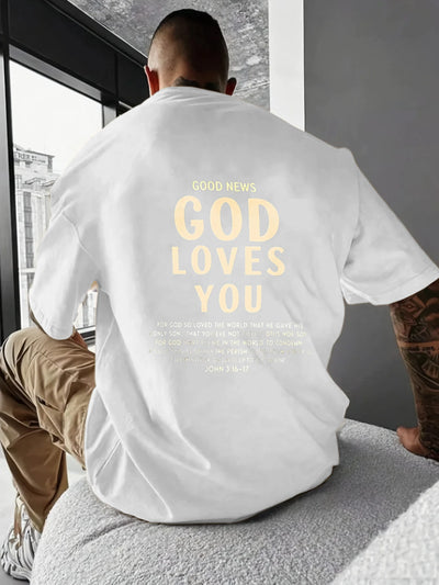 Men's T-Shirt Black God Loves You Religious Christian Bible Verse Printed Pattern & Text High Quality Cotton 180g