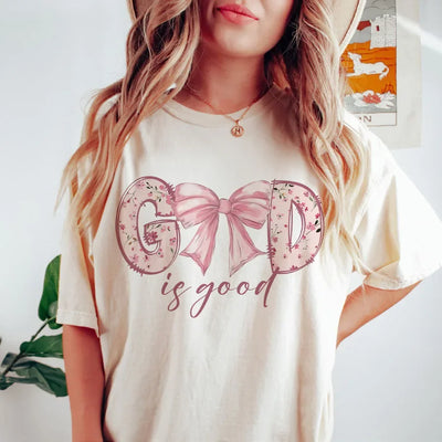 God Is Good Christian Jesus Bible Verse Bow Print T-shirts Short Sleeve Cotton Women Shirt Fashion Graphic Tops Female Clothing