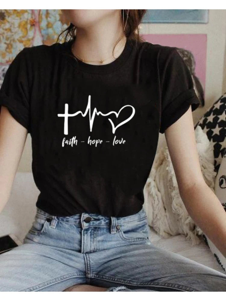 Faith Hope Love Women Christian Tshirt Faith Hope Love Heartbeat Tee Inspirational Slogan Women Fashion Graphic Jesus Faith Tee