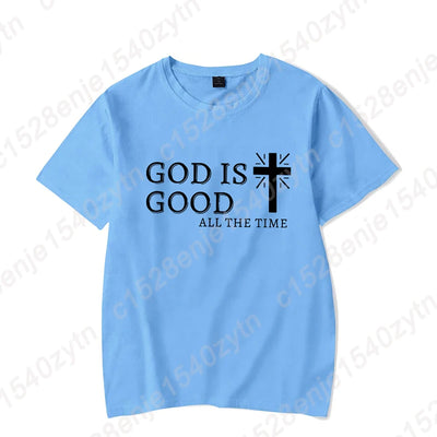 Men Casual Summer Cross & God Is Good All The Time Letter Graphic Printed Short Sleeve T-Shirt, Christian Quote Tees Tops