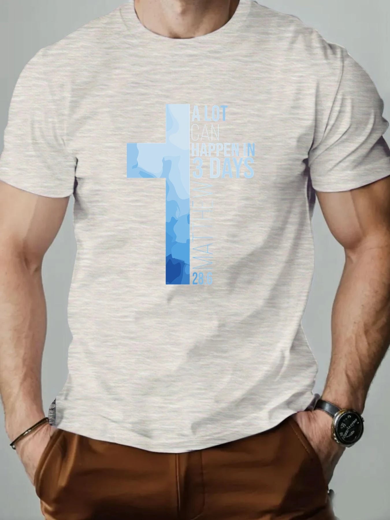 Men T-Shirt 100% Cotton Cross Bible Verse (Matthew 28:6) Print Religious Faith Design Round Collar Tee Summer Breathable