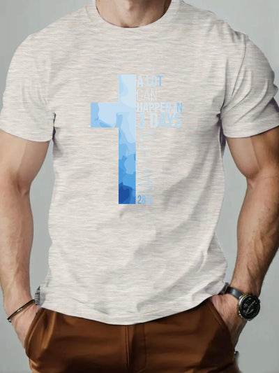 Men T-Shirt 100% Cotton Cross Bible Verse (Matthew 28:6) Print Religious Faith Design Round Collar Tee Summer Breathable