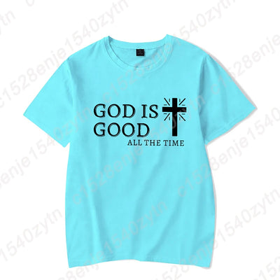 Men Casual Summer Cross & God Is Good All The Time Letter Graphic Printed Short Sleeve T-Shirt, Christian Quote Tees Tops