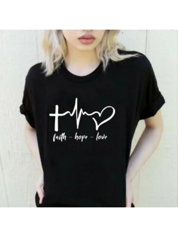 Faith Hope Love Women Christian Tshirt Faith Hope Love Heartbeat Tee Inspirational Slogan Women Fashion Graphic Jesus Faith Tee