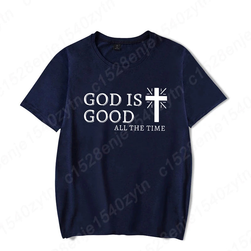 Men Casual Summer Cross & God Is Good All The Time Letter Graphic Printed Short Sleeve T-Shirt, Christian Quote Tees Tops