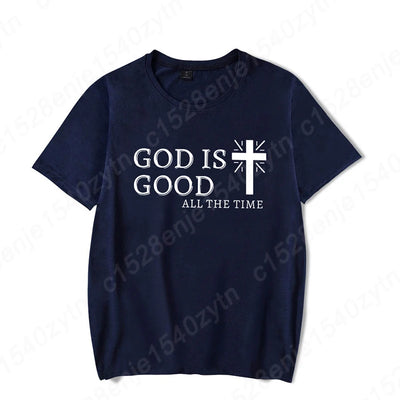 Men Casual Summer Cross & God Is Good All The Time Letter Graphic Printed Short Sleeve T-Shirt, Christian Quote Tees Tops