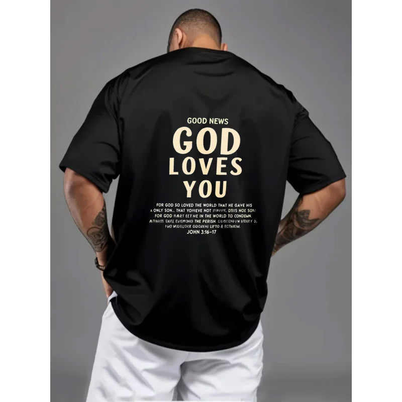 Men's T-Shirt Black God Loves You Religious Christian Bible Verse Printed Pattern & Text High Quality Cotton 180g