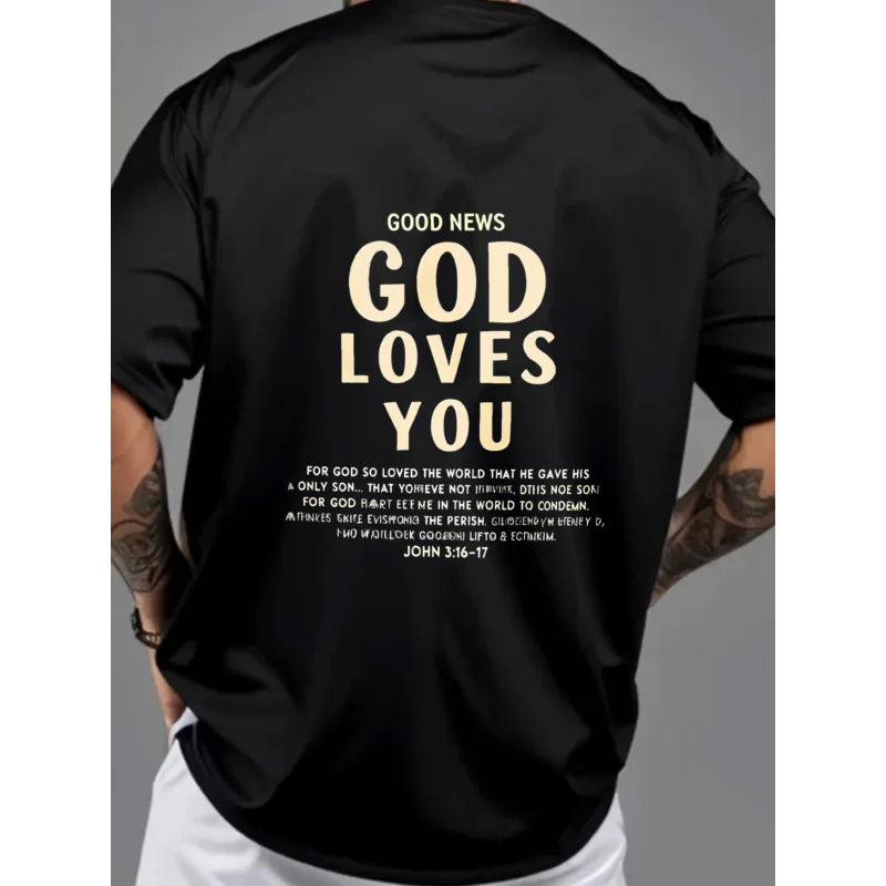 Men's T-Shirt Black God Loves You Religious Christian Bible Verse Printed Pattern & Text High Quality Cotton 180g