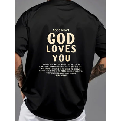 Men's T-Shirt Black God Loves You Religious Christian Bible Verse Printed Pattern & Text High Quality Cotton 180g