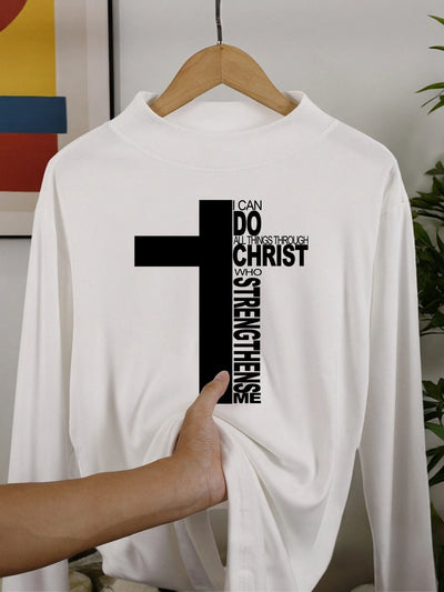 Christ Has Made Me Invincible Print Male Long Sleeved Shirts Fit Clothes Autumn Warm Shirt Casual Half High Collar Base Layer