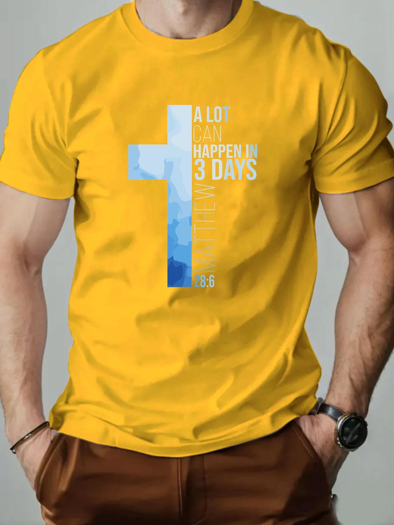 Men T-Shirt 100% Cotton Cross Bible Verse (Matthew 28:6) Print Religious Faith Design Round Collar Tee Summer Breathable