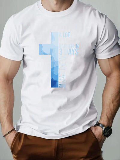 Men T-Shirt 100% Cotton Cross Bible Verse (Matthew 28:6) Print Religious Faith Design Round Collar Tee Summer Breathable