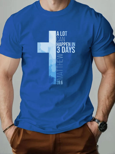 Men T-Shirt 100% Cotton Cross Bible Verse (Matthew 28:6) Print Religious Faith Design Round Collar Tee Summer Breathable