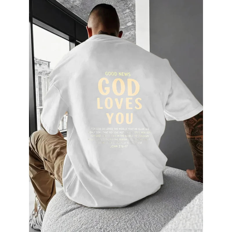 Men's T-Shirt Black God Loves You Religious Christian Bible Verse Printed Pattern & Text High Quality Cotton 180g