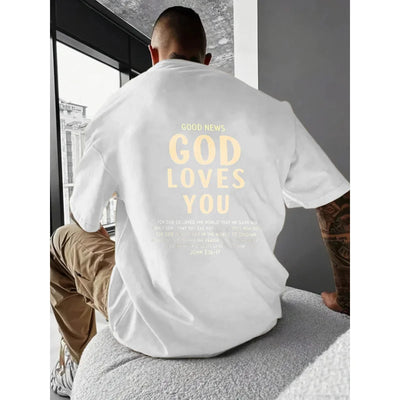 Men's T-Shirt Black God Loves You Religious Christian Bible Verse Printed Pattern & Text High Quality Cotton 180g