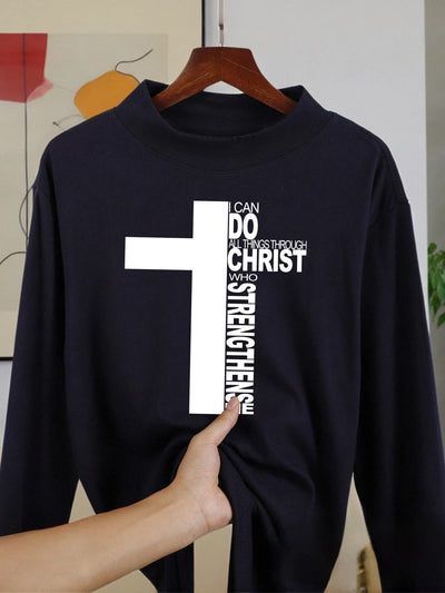Christ Has Made Me Invincible Print Male Long Sleeved Shirts Fit Clothes Autumn Warm Shirt Casual Half High Collar Base Layer