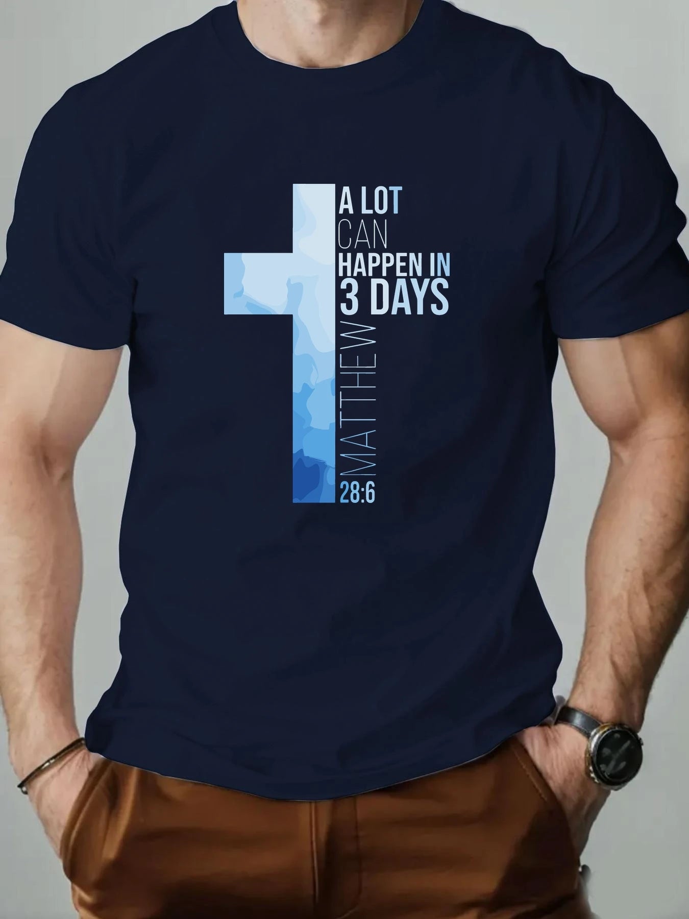 Men T-Shirt 100% Cotton Cross Bible Verse (Matthew 28:6) Print Religious Faith Design Round Collar Tee Summer Breathable