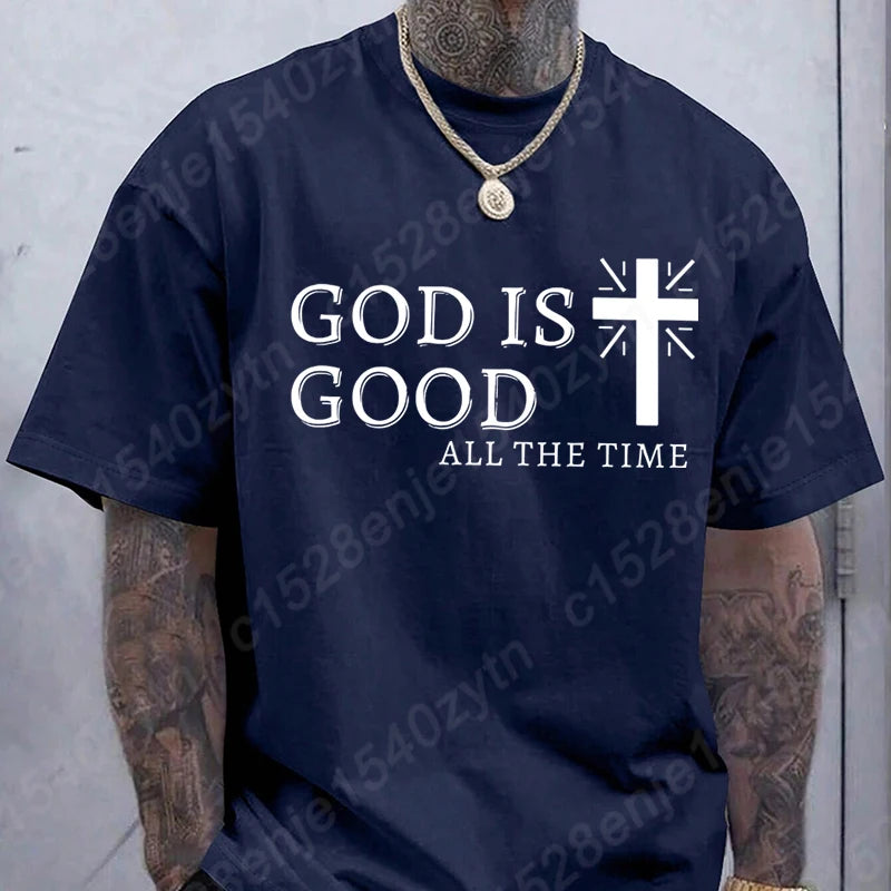 Men Casual Summer Cross & God Is Good All The Time Letter Graphic Printed Short Sleeve T-Shirt, Christian Quote Tees Tops