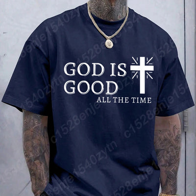 Men Casual Summer Cross & God Is Good All The Time Letter Graphic Printed Short Sleeve T-Shirt, Christian Quote Tees Tops