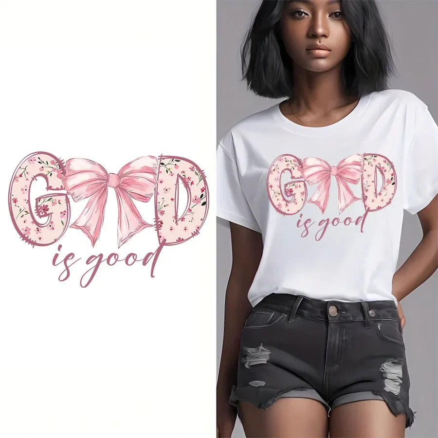 God Is Good Christian Jesus Bible Verse Bow Print T-shirts Short Sleeve Cotton Women Shirt Fashion Graphic Tops Female Clothing