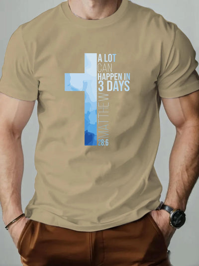 Men T-Shirt 100% Cotton Cross Bible Verse (Matthew 28:6) Print Religious Faith Design Round Collar Tee Summer Breathable