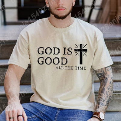 Men Casual Summer Cross & God Is Good All The Time Letter Graphic Printed Short Sleeve T-Shirt, Christian Quote Tees Tops