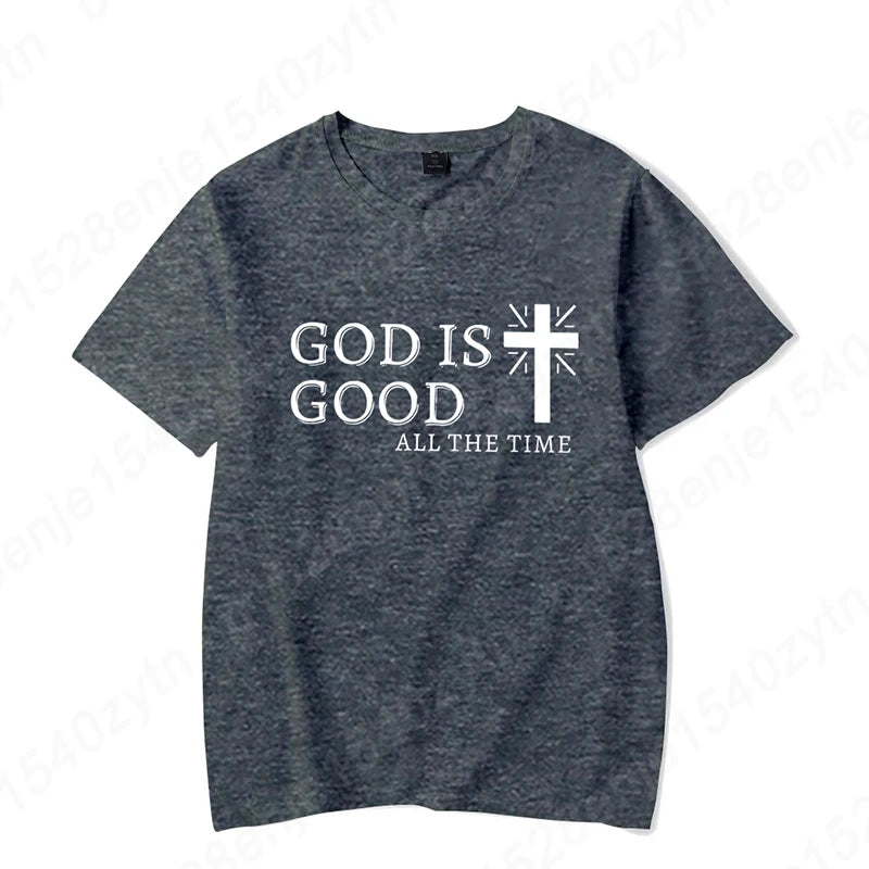 Men Casual Summer Cross & God Is Good All The Time Letter Graphic Printed Short Sleeve T-Shirt, Christian Quote Tees Tops