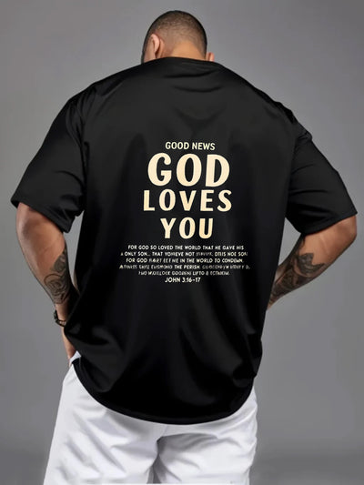 Men's T-Shirt Black God Loves You Religious Christian Bible Verse Printed Pattern & Text High Quality Cotton 180g