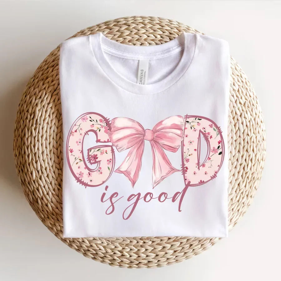 God Is Good Christian Jesus Bible Verse Bow Print T-shirts Short Sleeve Cotton Women Shirt Fashion Graphic Tops Female Clothing