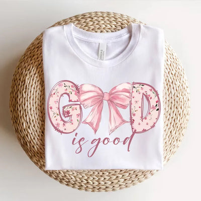 God Is Good Christian Jesus Bible Verse Bow Print T-shirts Short Sleeve Cotton Women Shirt Fashion Graphic Tops Female Clothing