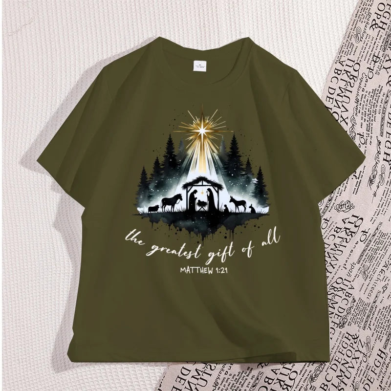Nativity Christian T-shirt Men Women Christmas Bible Verse Tshirt Casual Cotton Short Sleeve Round Neck Graphic Tees Clothes