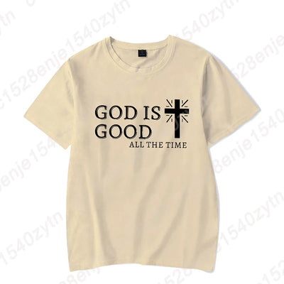 Men Casual Summer Cross & God Is Good All The Time Letter Graphic Printed Short Sleeve T-Shirt, Christian Quote Tees Tops