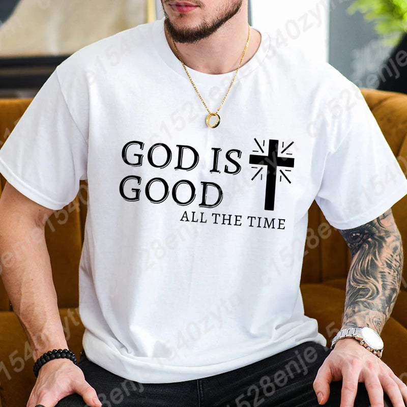 Men Casual Summer Cross & God Is Good All The Time Letter Graphic Printed Short Sleeve T-Shirt, Christian Quote Tees Tops