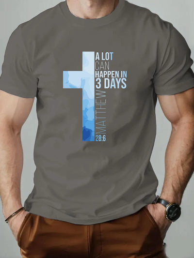 Men T-Shirt 100% Cotton Cross Bible Verse (Matthew 28:6) Print Religious Faith Design Round Collar Tee Summer Breathable