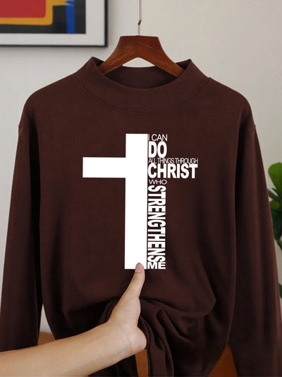 Christ Has Made Me Invincible Print Male Long Sleeved Shirts Fit Clothes Autumn Warm Shirt Casual Half High Collar Base Layer