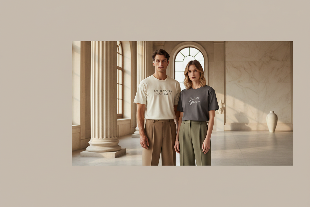 Image of a male and female wearing tshirt with bible qoute at the chest in a good bacground and make it fit it for my banner